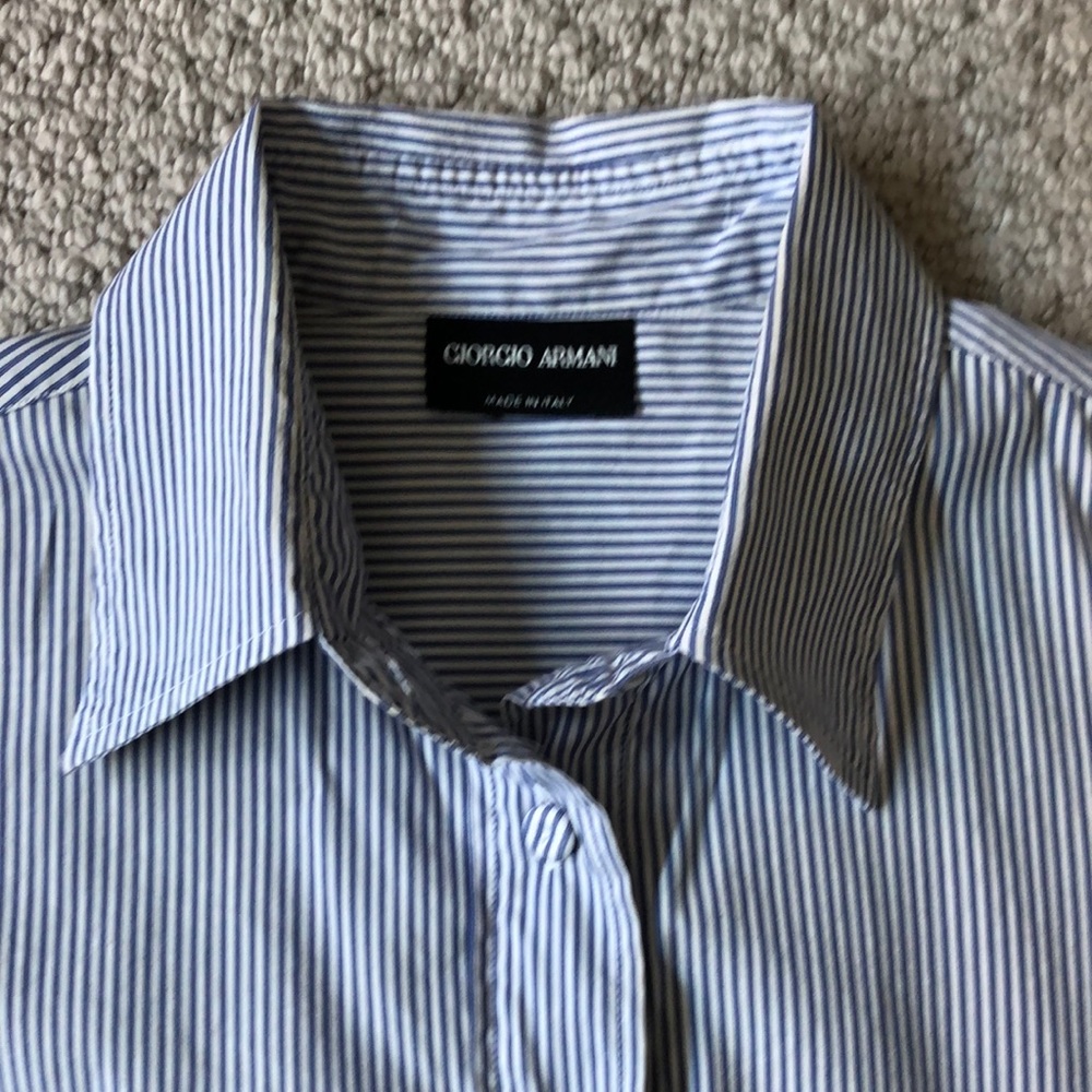 Giorgio Armani Women’s Blue and White Striped Button Down Shirt